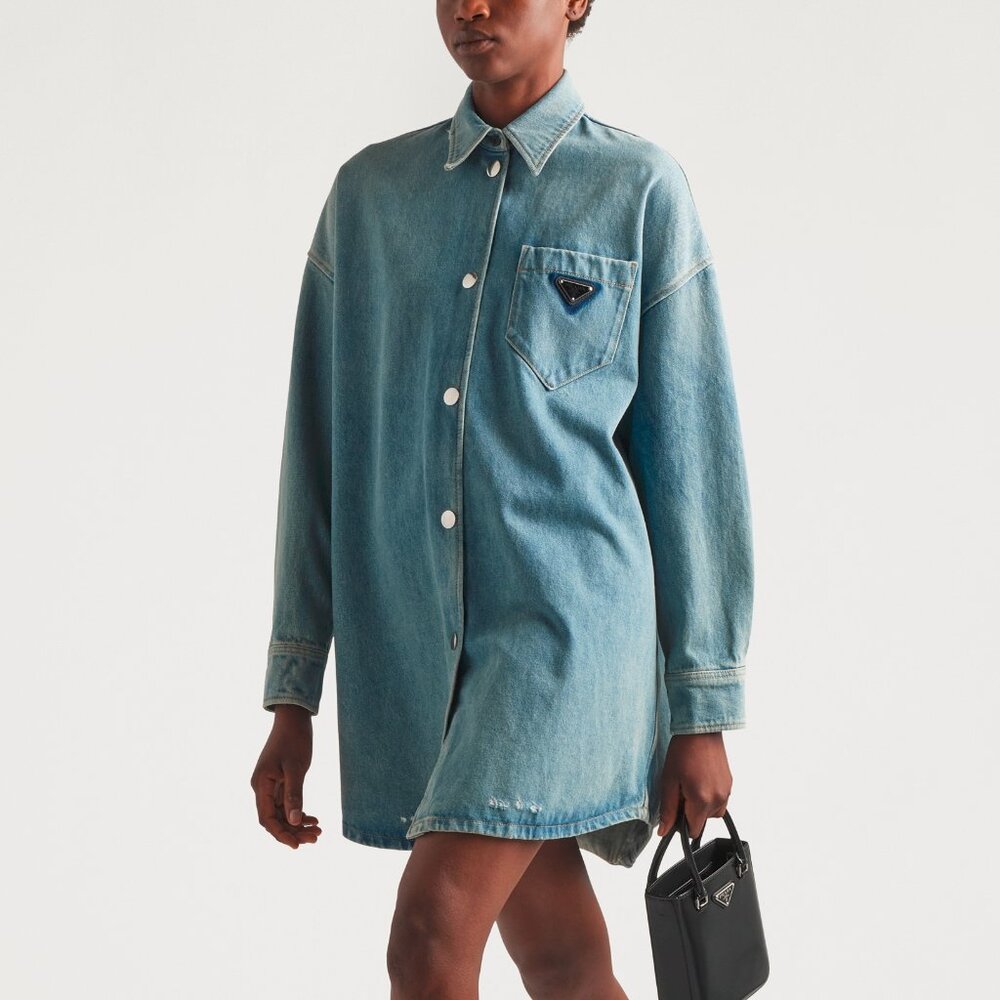 Prada Bleu Distressed Oversized Organic Denim Shirt